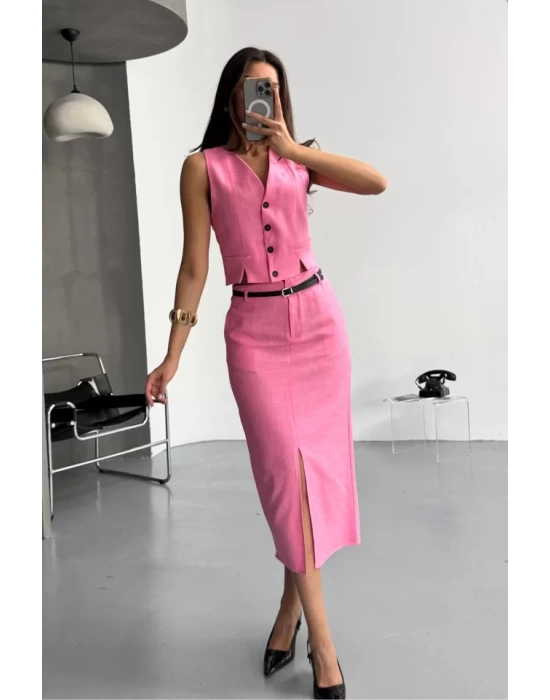 YELEK-ÖNDEN YIRTMAÇLI ETEK TK ŞANTUK KETEN - Pembe