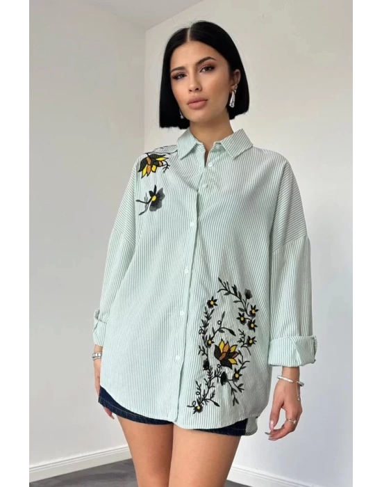 Yeşil Klasik Bedensiz Çizgili Poplin Nakışlı Gömlek
