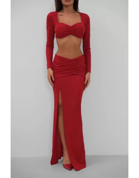 Yırtmaçlı Etek Ve Crop Bluz Takım