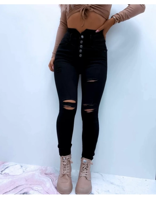 Yüksek Bel Düğme Ve Yırtık Detaylı Kot Pantolon Jean 92cm