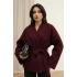 Kadın Bordo Kuşaklı Şal Yaka Oversize Düşük Omuz Kısa Kaşe Kaban Ceket