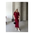 Kadın Bordo Bisiklet Yaka Kısa Kollu Yırtmaçlı Rahat Kalıp Modal Pike Kumaş Midi Elbise