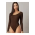 bysoca Kadın Kahverengi Geniş U Yaka Uzun Kollu Sandy Kumaş Vücudu Saran Tanga Basic Bodysuit
