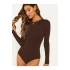 bysoca Kadın Kahverengi Bisiklet Yaka Uzun Kollu Vücudu Saran Basic Jarse Tanga Bodysuit