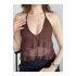 bysoca Kadın Kahverengi Halter Yaka Boyundan Bağlamalı Sırtı Açık Transparan Fırfırlı Crop Bluz