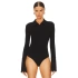 bysoca Kadın Siyah Gömlek Yaka Fermuarlı Uzun Yırtmaç Kollu Vücudu Saran Sandy Kumaş Tanga Bodysuit