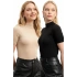 Kadın Siyah Bej Yarım Balıkçı Yaka Kısa Kollu Esnek Pamuklu 2li Basic Body Bluz