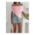 bysoca Kadın Pembe Carmen Yaka Düşük Omuz Asimetrik Kesim Ottoman Kumaş Günlük Crop Bluz
