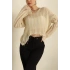 Kadın Bej V Yaka Uzun Kol Düşük Omuz Ajurlu Pamuklu Püsküllü Salaş Örme Bohem Triko Bluz