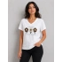 Kadın Beyaz V Yaka %100 Pamuklu Boncuk Nakış İşlemeli T-Shirt Çiçekli Kısa Kollu