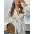 Kadın Ekru V Yaka Uzun Kollu Dantel Garni Detaylı Önden Bağlamalı Pinterest Peplum Bluz
