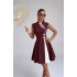 Kadın Bordo Çin Yakalı Kolsuz Beyaz Kontrastlı Kloş Etek Dalgıç Kumaş Kısa Mini Abiye Elbise