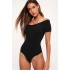 bysoca Kadın Siyah Düşük Omuz V Yaka Kısa Kol Vücudu Saran Fitilli Kaşkorse Tanga Basic Bodysuit