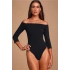 bysoca Kadın Siyah Düşük Omuz Straplez Fakir Kol Vücudu Saran Fitilli Kaşkorse Tanga Basic Bodysuit