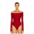 bysoca Kadın Kırmızı Straplez Madonna Yaka Düşük Omuz Uzun Kollu Tanga Kesim Esnek Sandy Bodysuit