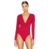 bysoca Kadın Kırmızı Derin V Yaka Uzun Kollu Çift Kat Sandy Kumaş Tanga Basic Bodysuit
