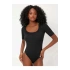 bysoca Kadın Siyah U Yaka Kısa Kol Vücudu Saran Sandy Kumaş Tanga Basic Bodysuit