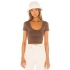 bysoca Kadın Kahverengi U Yaka Kısa Kol İpek Jarse Vücudu Saran Basic Crop Top