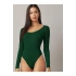 bysoca Kadın Koyu Yeşil Asimetrik Yaka Uzun Kollu Vücudu Saran Fitilli Kaşkorse Tanga Bodysuit