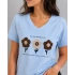 Kadın Mavi V Yaka %100 Pamuklu Boncuk Nakış İşlemeli T-Shirt Çiçekli Kısa Kollu