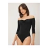 bysoca Kadın Siyah Önü Büzgülü Straplez Düşük Omuz Fakir Kol Sandy Kumaş Tanga Bodysuit
