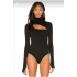 bysoca Kadın Siyah Dekolteli Balıkçı Yaka Boğazlı Uzun Kollu Parmak Geçmeli Tanga Jarse Bodysuit