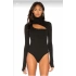 bysoca Kadın Siyah Balıkçı Dekolte Yaka Uzun Kollu Parmak Geçmeli Sandy Kumaş Tanga Basic Bodysuit