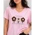 Kadın Pembe V Yaka %100 Pamuklu Boncuk Nakış İşlemeli T-Shirt Çiçekli Kısa Kollu