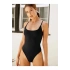 bysoca Kadın Siyah Sırtı Açık İp Askılı U Yaka Vücudu Saran Fitilli Kaşkorse Tanga Bodysuit