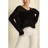 Kadın Siyah V Yaka Uzun Kol Düşük Omuz Ajurlu Pamuklu Püsküllü Salaş Örme Bohem Triko Bluz