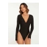 bysoca Kadın Siyah Derin V Yaka Uzun Kollu Vücudu Saran Sandy Kumaş Basic Bodysuit