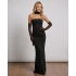Kadın Siyah Straplez Boyun ve Eldiven Tül Detaylı Büzgülü Scuba Krep Bodycon Maxi Uzun Abiye Elbise