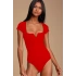 bysoca Kadın Kırmızı Göğüs Dekolteli V Yaka Detaylı Kare Yaka Kısa Kol İpek Jarse Bodysuit