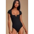 bysoca Kadın Siyah V Yırtmaçlı Kare Yaka Kısa Kollu Toparlayıcı Jarse Bodysuit