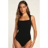 bysoca Kadın Siyah Kare Yaka Kalın Askılı Vücudu Saran Fitilli Kaşkorse Tanga Basic Bodysuit
