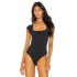 bysoca Kadın Siyah Kare Yaka Kısa Kap Kol Vücudu Saran Sandy Kumaş Tanga Basic Bodysuit