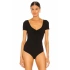 bysoca Kadın Siyah Önü Büzgülü V Yaka Kısa Kol Vücudu Saran Fitilli Kaşkorse Tanga Basic Bodysuit