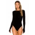 bysoca Kadın Siyah Kayık Yaka Uzun Kollu Parmak Geçmeli Sandy Kumaş Tanga Basic Bodysuit