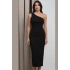 Kadın Siyah Asimetrik Yaka Tek Omuz Sandy Kumaş Vücudu Saran Bodycon Maxi Uzun Elbise