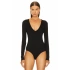 Kadın Siyah Derin V Yaka Uzun Kollu Alttan Çıtçıtlı Çift Kat İpek Jarse Basic Tanga Bodysuit