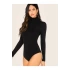 bysoca Kadın Siyah Balıkçı Yaka Uzun Kollu Vücudu Saran Sandy Kumaş Tanga Basic Bodysuit