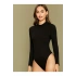 bysoca Kadın Siyah Yarım Balıkçı Yaka Uzun Kollu Vücudu Saran Fitilli Kaşkorse Tanga Basic Bodysuit
