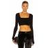 bysoca Kadın Siyah Kare Yaka Uzun Kollu Parmak Geçmeli Vücudu Saran Fitilli Kaşkorse Crop Top