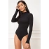 bysoca Kadın Siyah Yarım Balıkçı Yaka Uzun Kollu Vücudu Saran Sandy Kumaş Tanga Basic Bodysuit