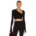bysoca Kadın Siyah Asimetrik Yaka Uzun Kollu Parmak Geçme Detaylı İpek Jarse Crop Top