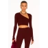 bysoca Kadın Bordo Asimetrik Yaka Uzun Kollu Parmak Geçme Detaylı İpek Jarse Crop Top