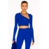 bysoca Kadın Mavi Asimetrik Yaka Uzun Kollu Parmak Geçme Detaylı İpek Jarse Crop Top