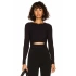 bysoca Kadın Siyah Karın Dekolteli Bisiklet Yaka Uzun Kollu Vücudu Saran Fitilli Kaşkorse Crop Top
