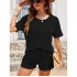 Kadın Siyah Waffle Kumaş Bisiklet Yaka Kısa Kol Rahat Kesim Şortlu İkili Takım