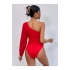 bysoca Kadın Kırmızı Tek Omuz Asimetrik Kesim Büzgülü Balon Kol Sandy Kumaş Tanga Bodysuit